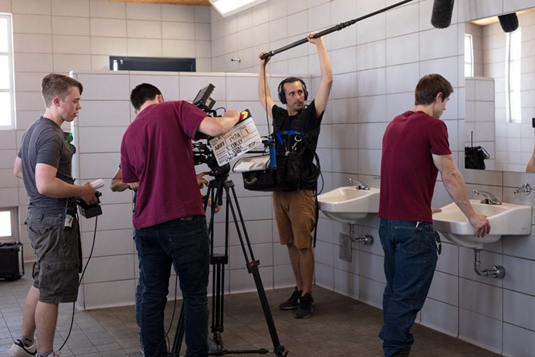 Sasha Sibley and film crew on set. Filming debut feature film, "The Box"
