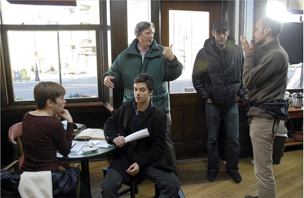 Behind the scenes of Brief Interviews with Hideous Men. (L-R) Julianne Nicholson, Dominic Cooper, and director-writer-actor John Krasinski on set with John Bailey, ASC (center) and first assistant director Thomas Fatone (far right). (Photo by JoJo Whilden.)