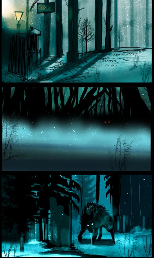 Three-panel storyboard by Anthony Sturmas: an empty forest road, eyes in the mist, and a wolf emerging into view.